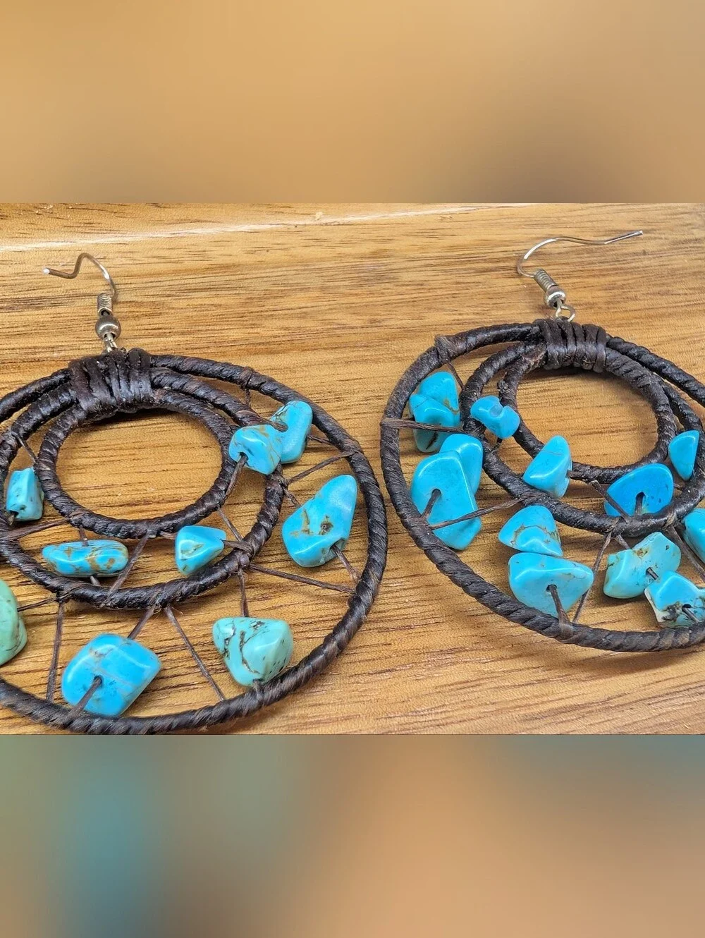 Turquoise Southwestern Boho Handmade Circular Dangle Earrings Wire Wrapped